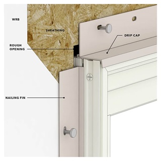 A close-up diagram of nailing fins and drip cap or head flashing on a window.