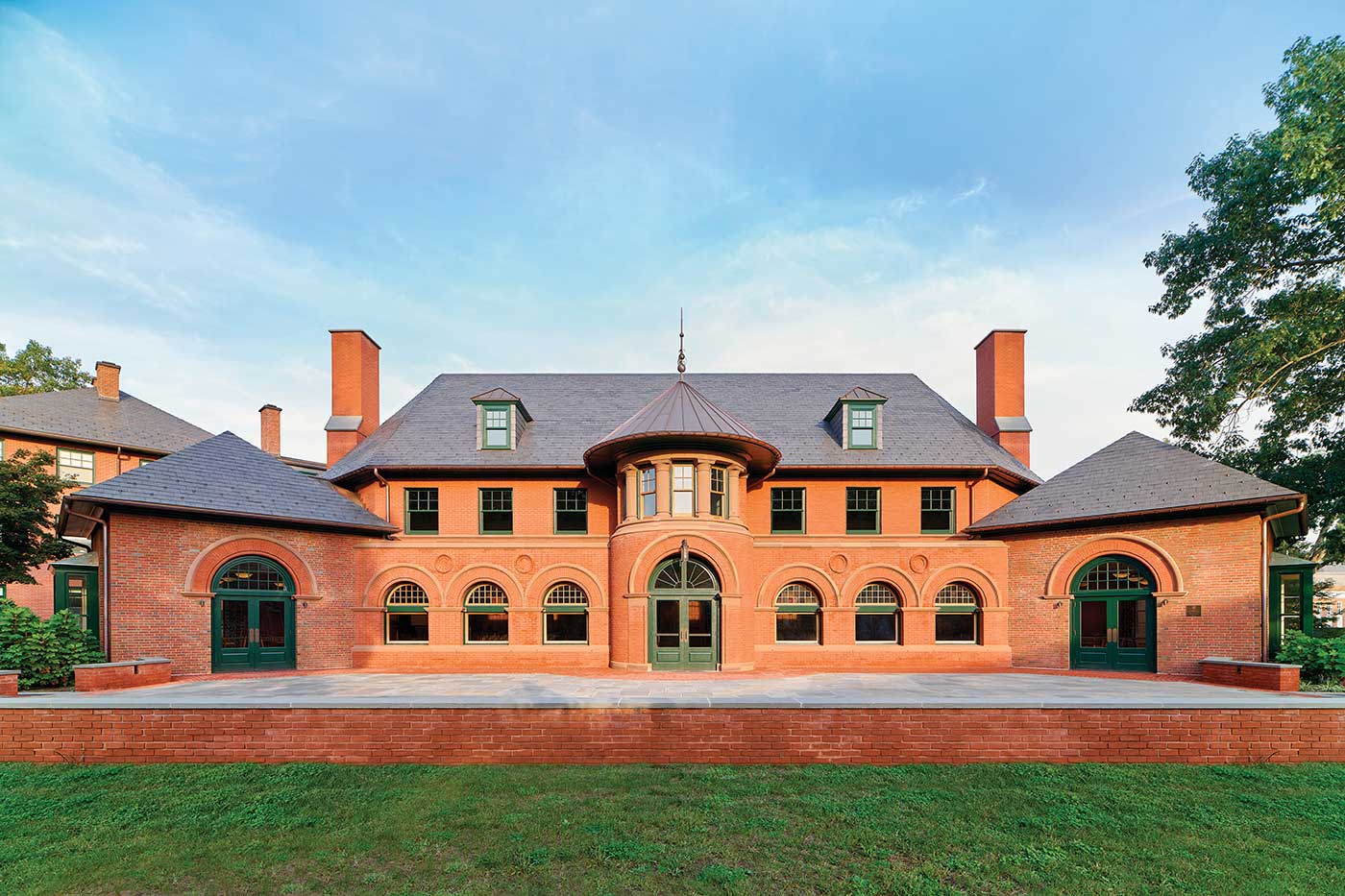 The exterior of the Lawrenceville School dining hall features Marvin Ultimate Casement windows and Marvin Ultimate Double Hung windows and includes historic details to match the rest of the campus.