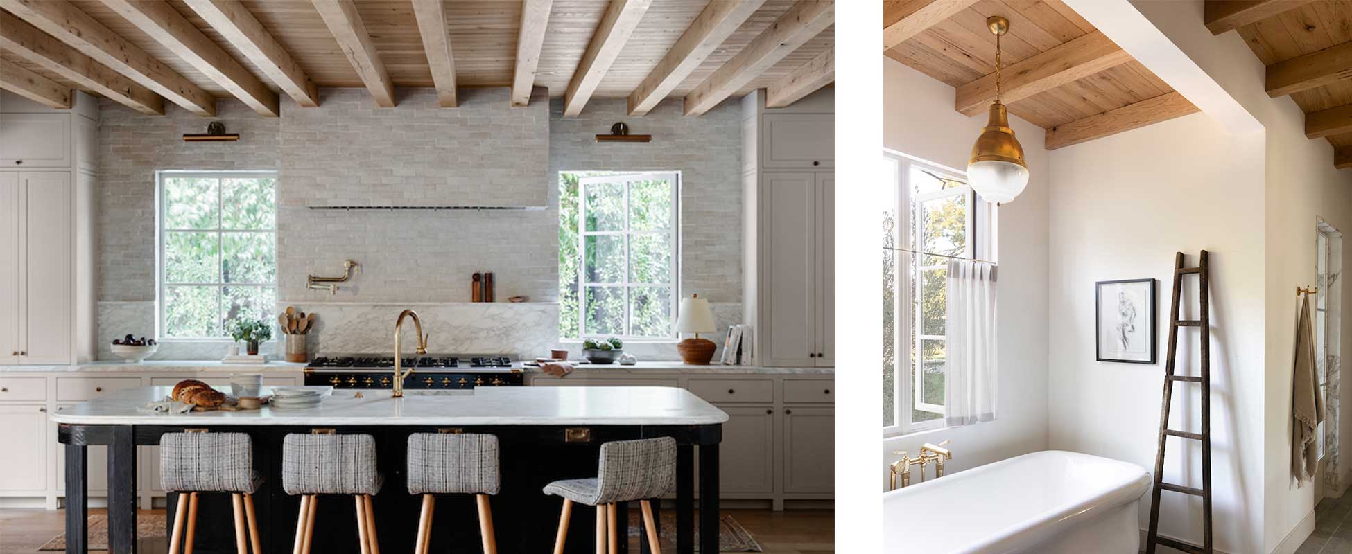A bathroom and kitchen in Amber Lewis’s farmhouse-style home, featuring Marvin Signature Ultimate Narrow Casement windows.