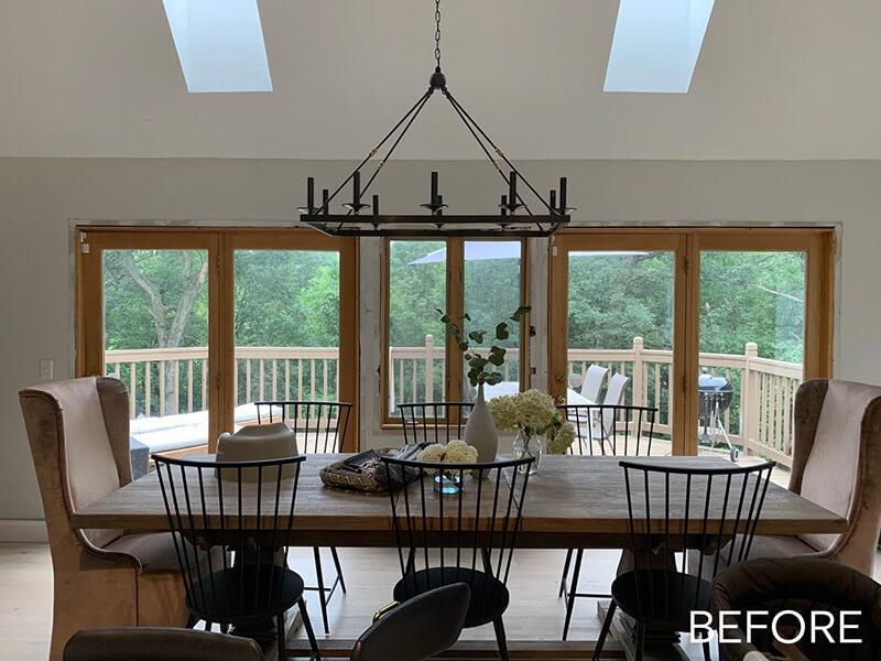 A before image of Katie Kurtz’s kitchen facing the deck through patio doors.
