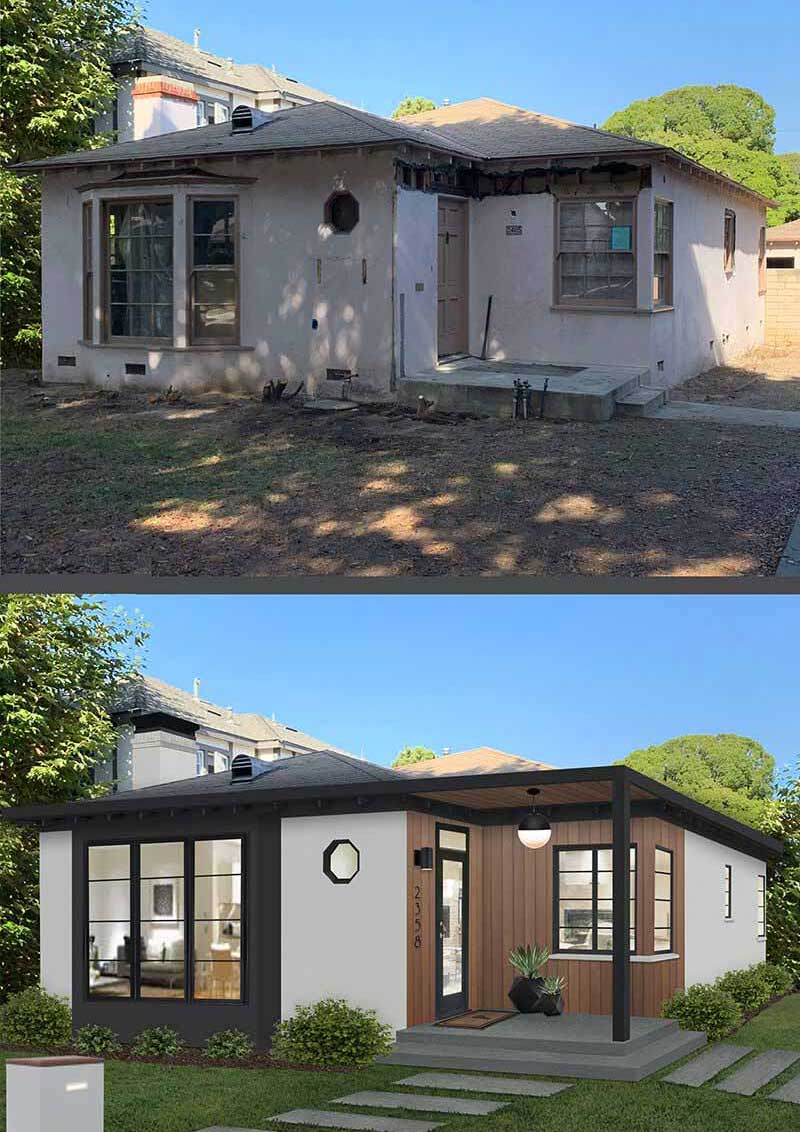 Before and after images of brick&batten home project featuring new windows and exterior features.