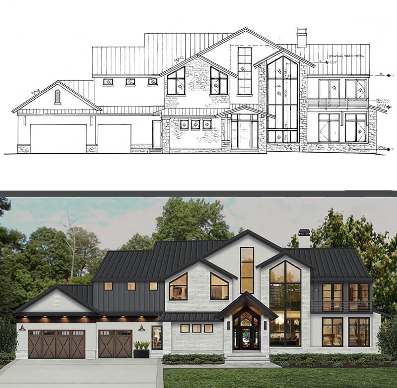 Before and after images of brick&batten home project.