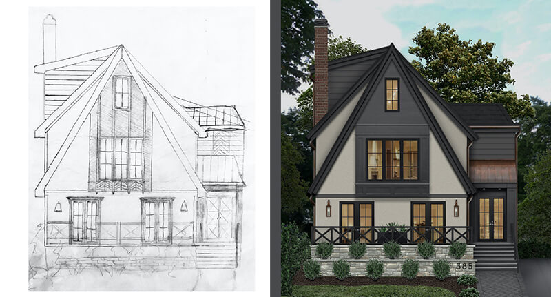Before and after images of brick&batten home project.