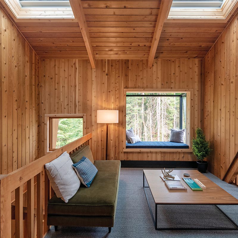 Marvin Skycove and two Marvin Awaken Skylights in the loft of The Minne Stuga, Melissa Coleman’s cabin in the Northwoods.