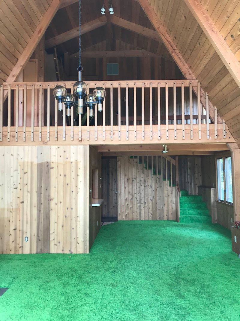 Before images of The Minne Stuga living room with green shag carpet