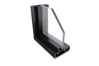 A corner of a Marvin Coastline Storefront window, showing extruded aluminum on the interior and exterior of the glass.