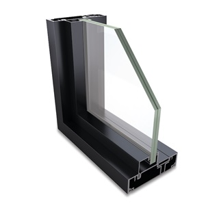 A corner of a Marvin Coastline Storefront window, showing extruded aluminum on the interior and exterior of the glass.