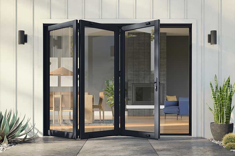The exterior of a home featuring a Marvin Elevate Bi-Fold Door opening like an accordion.