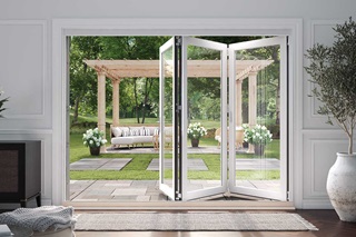 Living room with partial open Marvin Elevate Bi-fold door with painted interior white finish