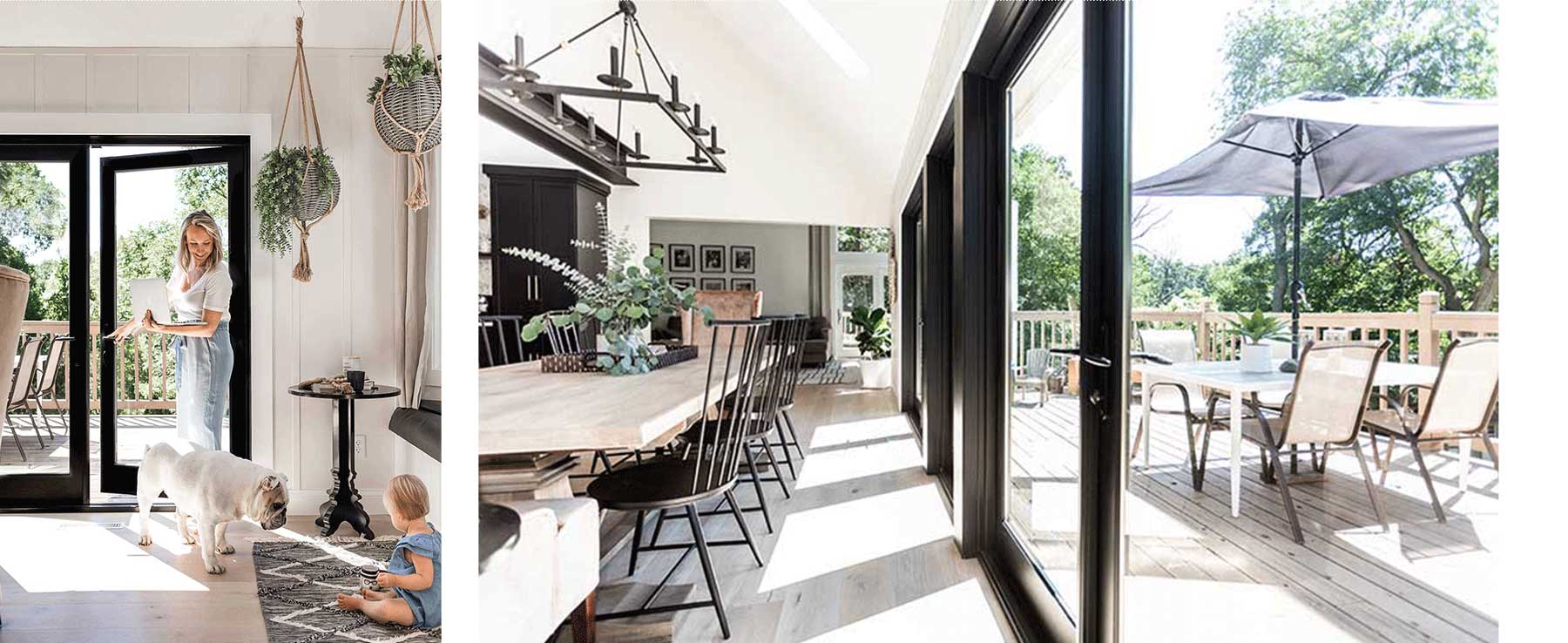 Katie Kurtz opening a Marvin Elevate Outswing French Door in her Minnesota home next to her baby and bulldog.