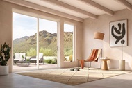 A living room with an orange chair, rug and a Marvin Essential Sliding Patio Door