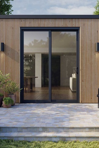 Outdoor patio with Marvin Essential Sliding Patio door