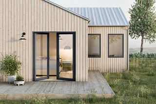 Exterior of modern style home with open Marvin Modern Inswing Door
