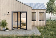 Exterior of modern style home with open Marvin Modern Inswing Door