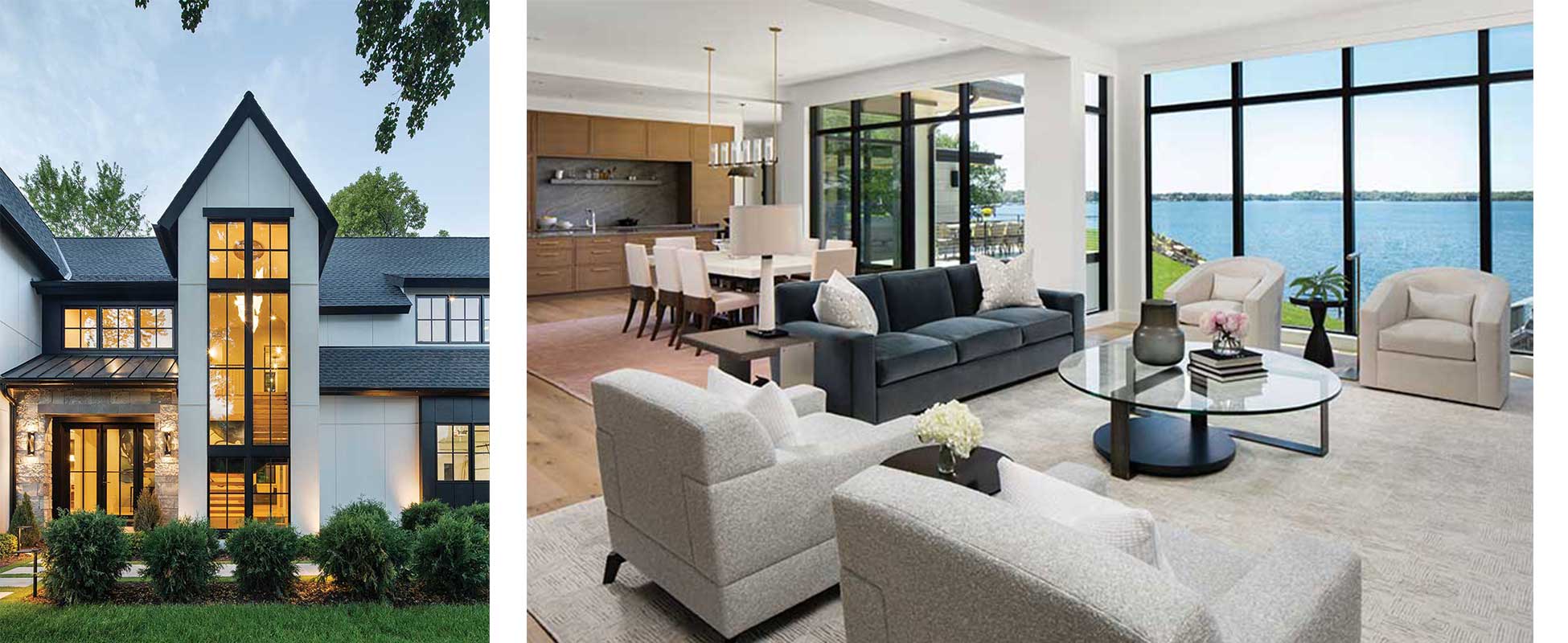 Exterior of contemporary home with big window wall using Marvin Ultimate Picture windows and Marvin Modern Direct Glaze windows are mulled together in a contemporary living room overlooking a lake