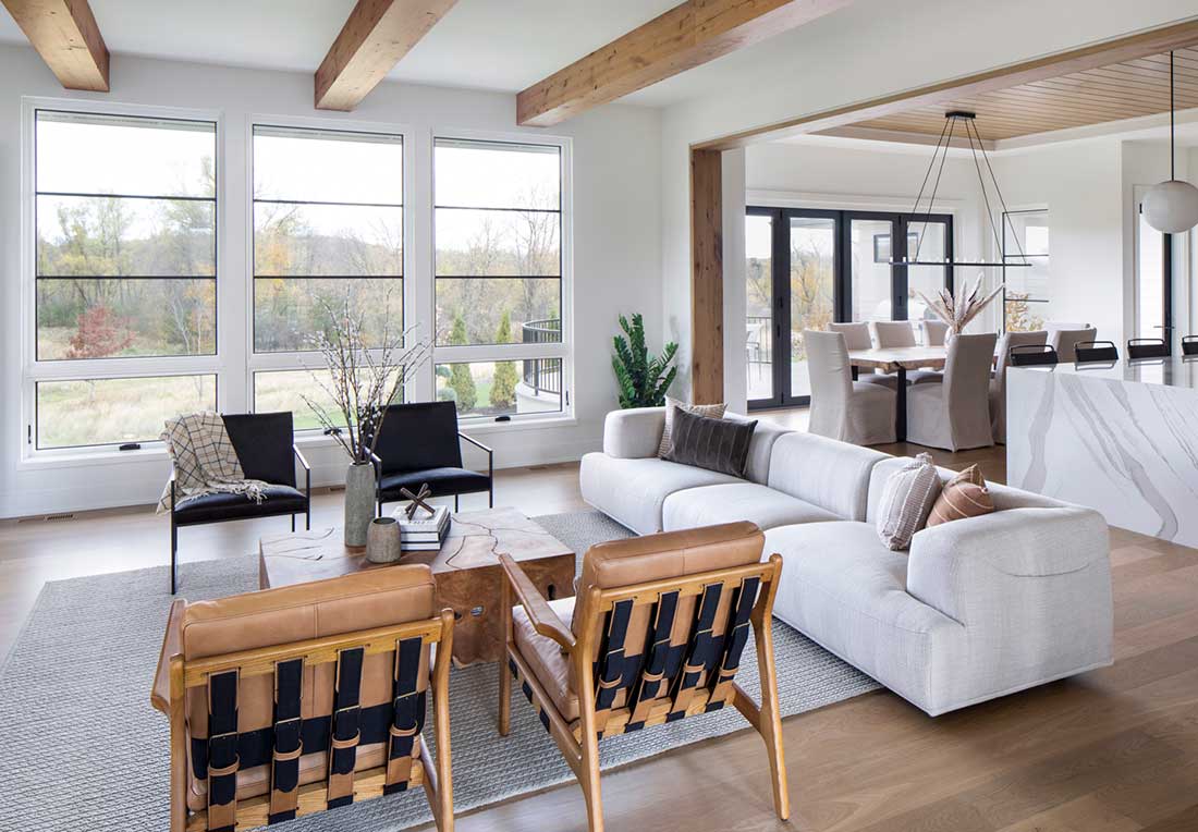 open concept home with awning and casement windows