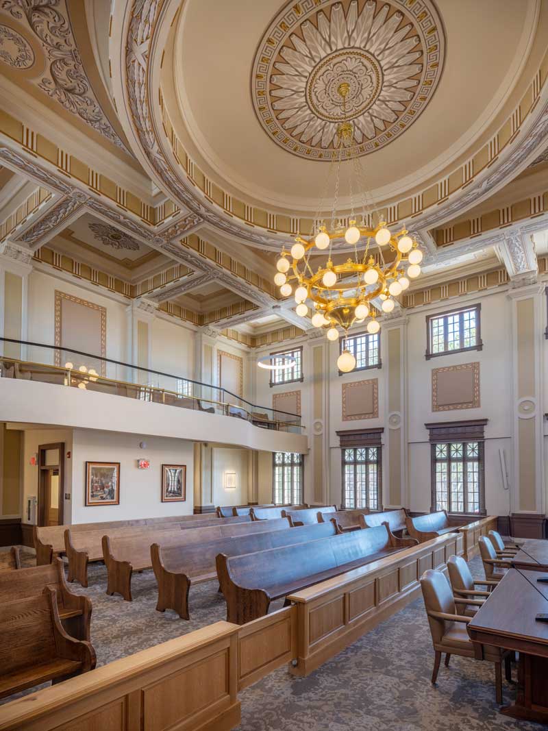 The inside of the Mississippi County Courthouse, featuring ornate ceilings and Marvin windows.