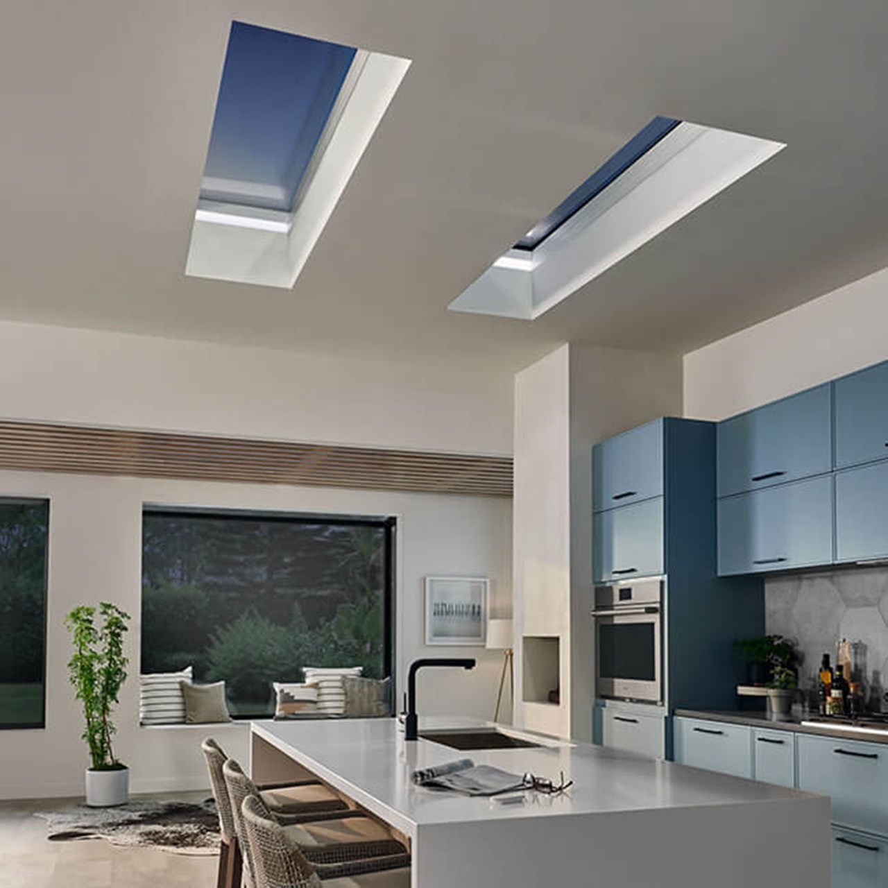 Interior of home with Marvin Skycove window box and Marvin Awaken Skylights