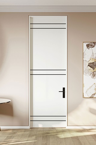 A narrow white TruStile door with modern black door handle.