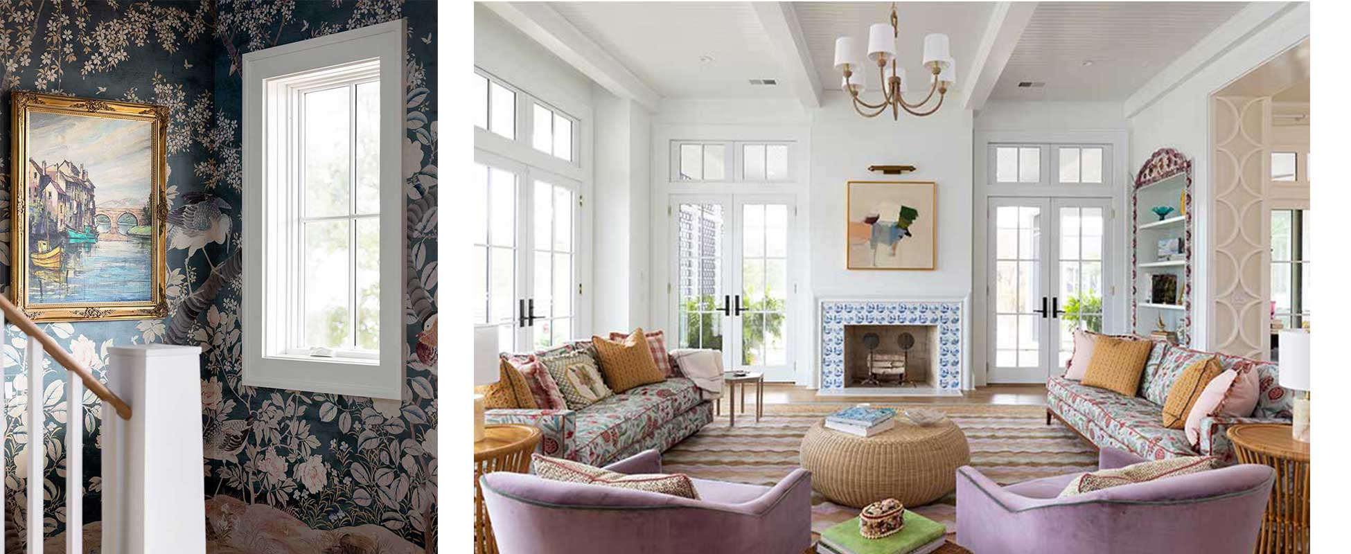 The wallpapered entry and stairwell of the Southern Living Idea House in North Carolina featuring an Elevate Casement window and Inswing French doors with transoms and Marvin Ultimate Double Hung G2 windows.
