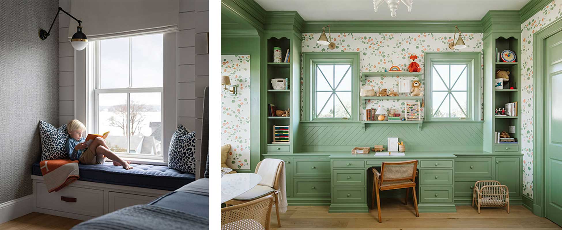 A boy reading a book on a window seat next to a Marvin Elevate double hung window, and a sage green built-in desk at the Southern Living Idea House featuring Marvin Ultimate casement windows.