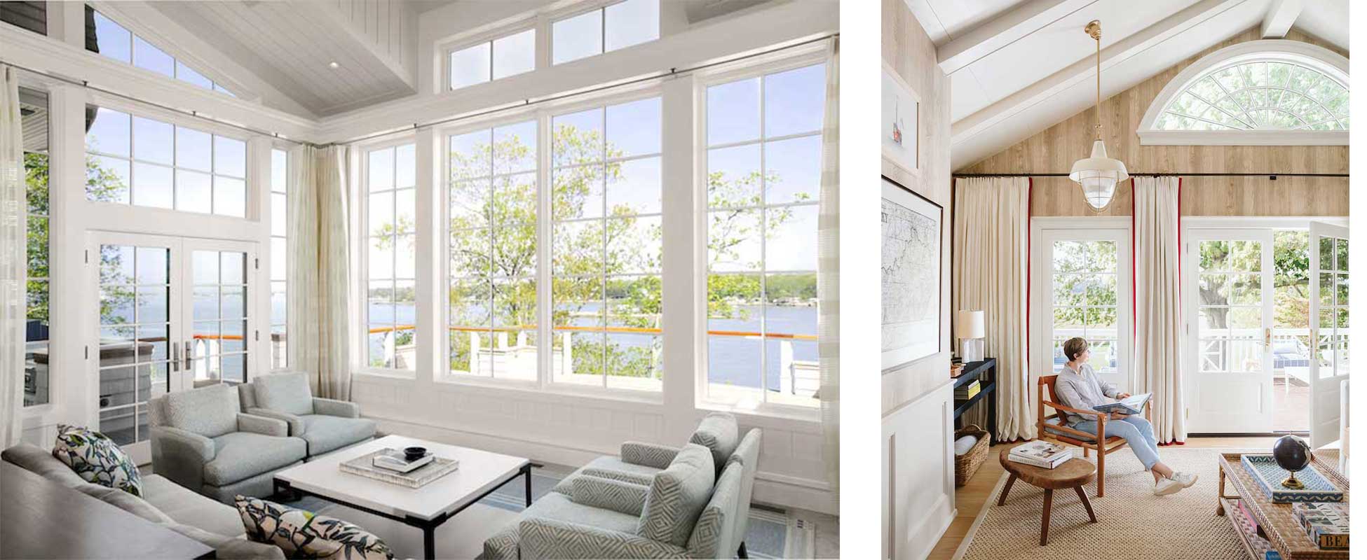 A woman seated in a living room in the Southern Living Idea House in Kentucky featuring a white Marvin Ultimate Inswing French Door G2.