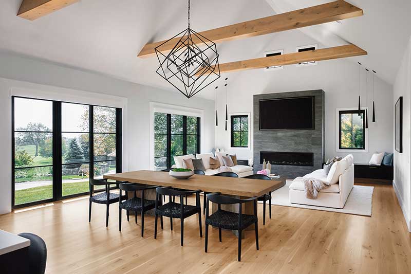 Marvin Ultimate Casement windows with designer black interior in the living room of a modern home. 