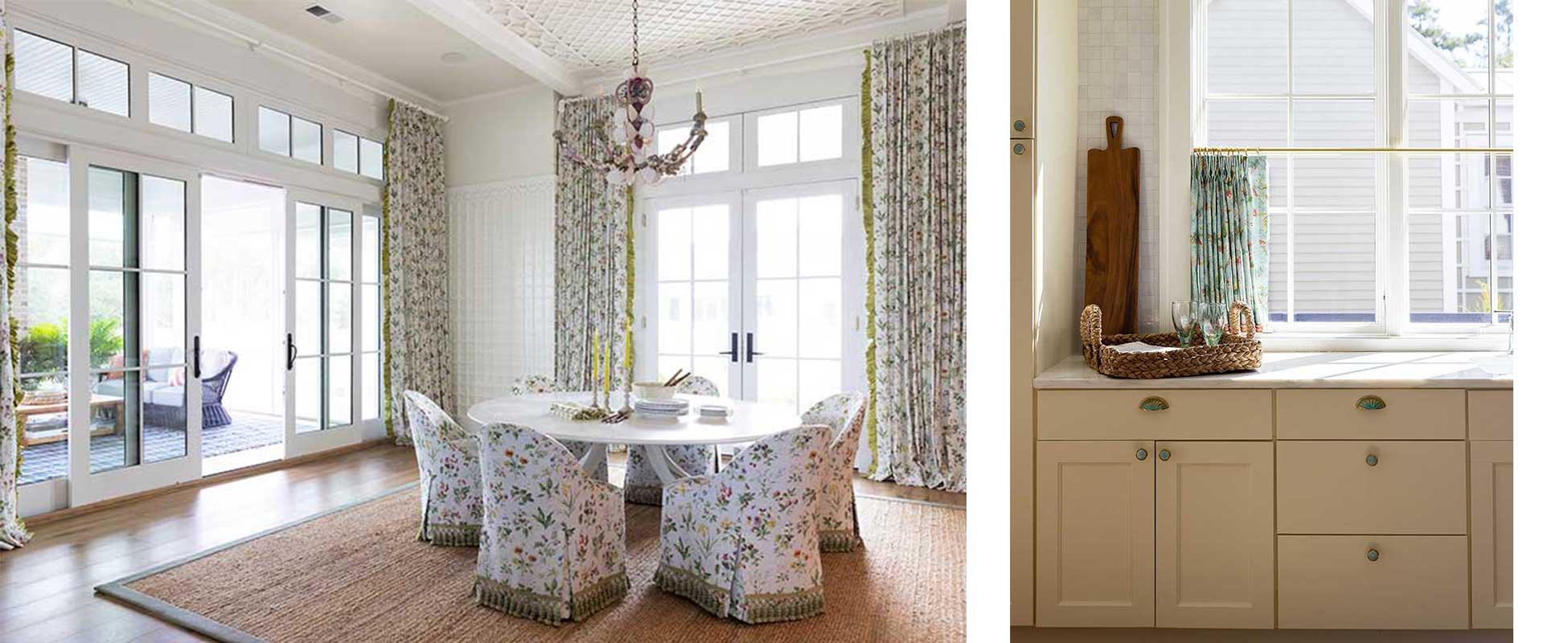 The dining room in the 2022 Southern Living Idea House, featuring a Marvin Ultimate Sliding French door and a Marvin Ultimate Inswing French door and a kitchen counter with white cabinetry
