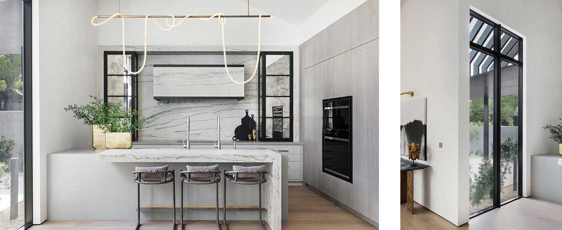 A modern kitchen in Stay Bungalow in Austin, Texas featuring Marvin Modern Direct Glaze windows.