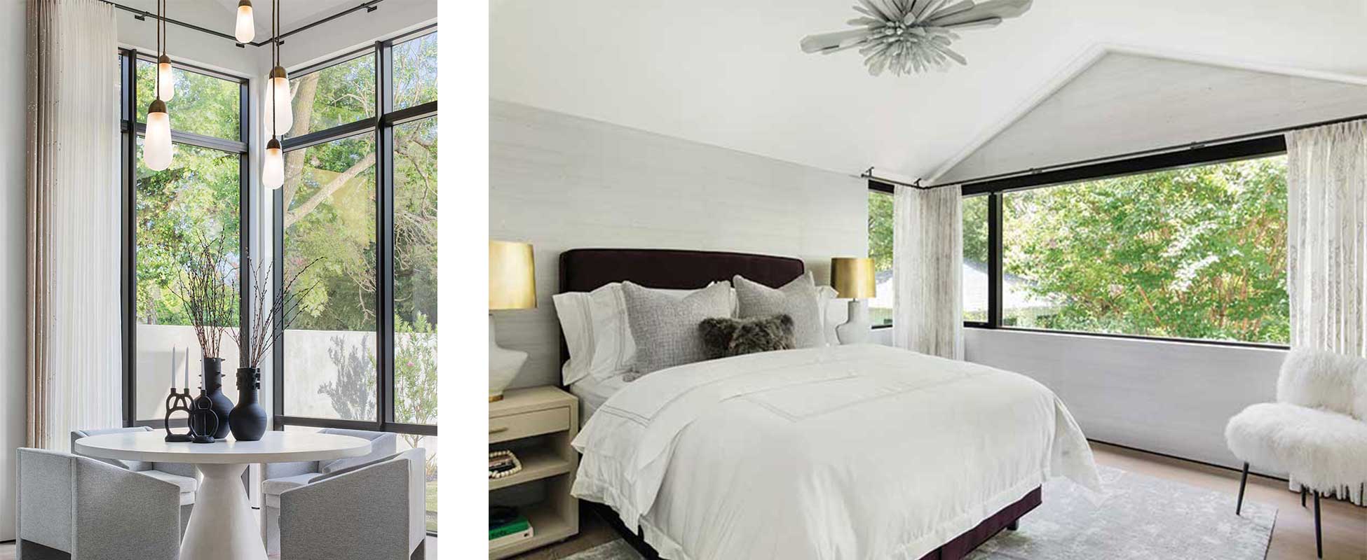 Marvin Modern Direct Glaze windows meet in a corner and Modern Casement windows in a modern bedroom at Stay Bungalow in Austin, Texas. 
