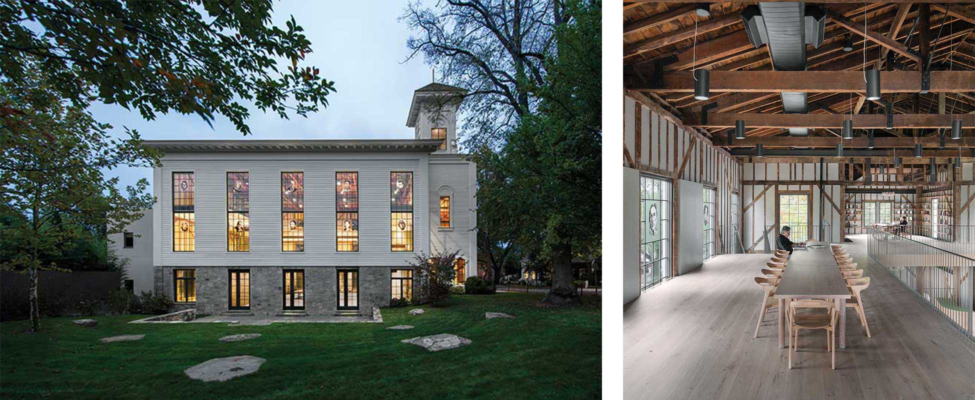 The second floor and outside of The Church, which includes places to gather, gallery space, and a library, featuring Marvin Ultimate windows.